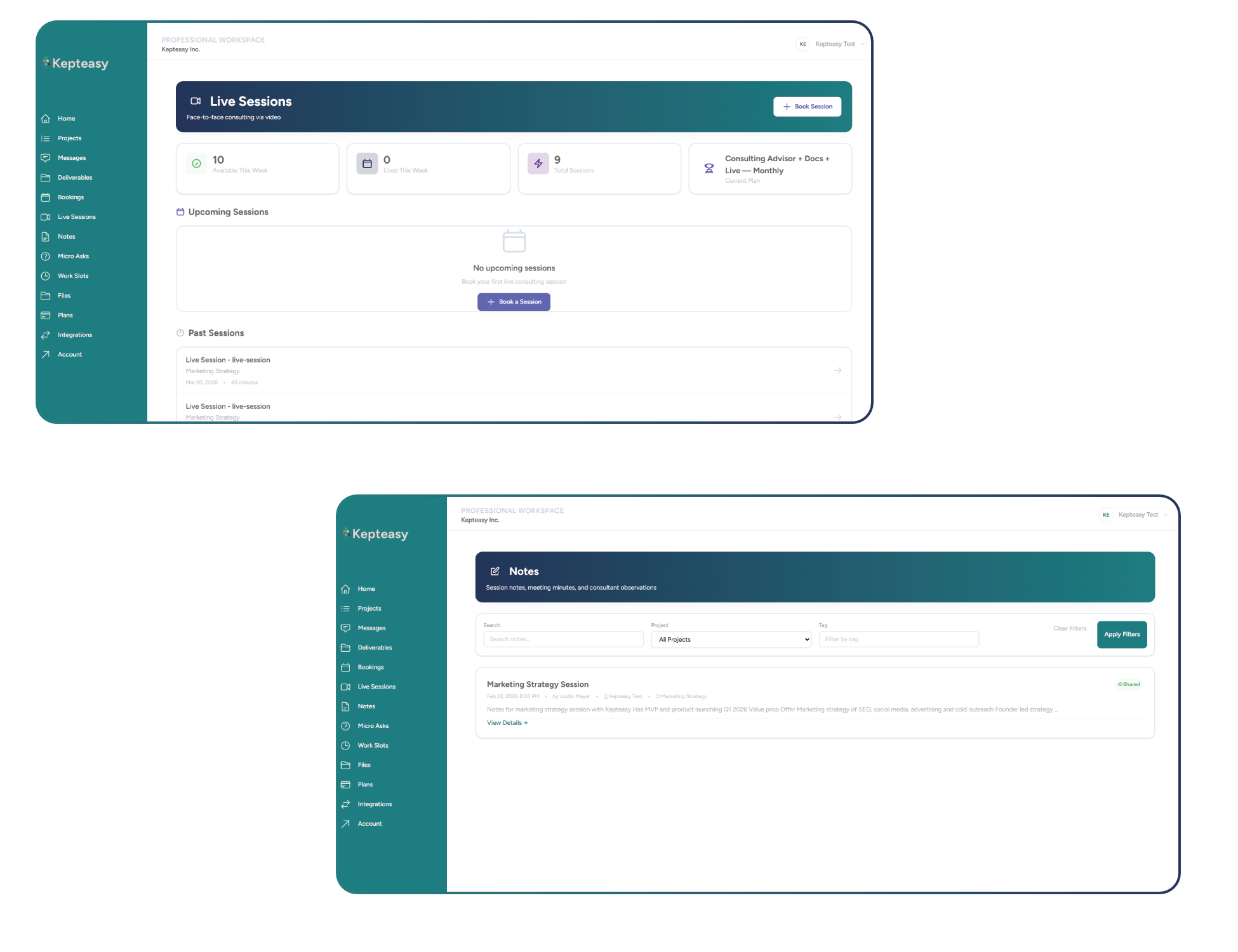 Consulting bookings and notes screenshot